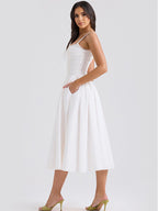 White Corset Dress Cutout Wide Strap Lace Trim Backless Cottagecore Midi Dresses