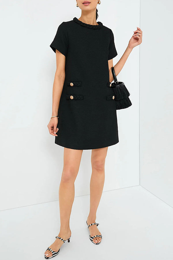 Tweed Braided Trim Crew Neck Button Welt Shift Mini Dress