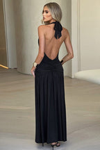 Halter Neck Plunging V-Neck Ruched Waist High Thigh Slit Maxi Dress
