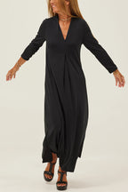 V-Neck Three Quarter Sleeve Relaxed Side Slit Maxi Dress