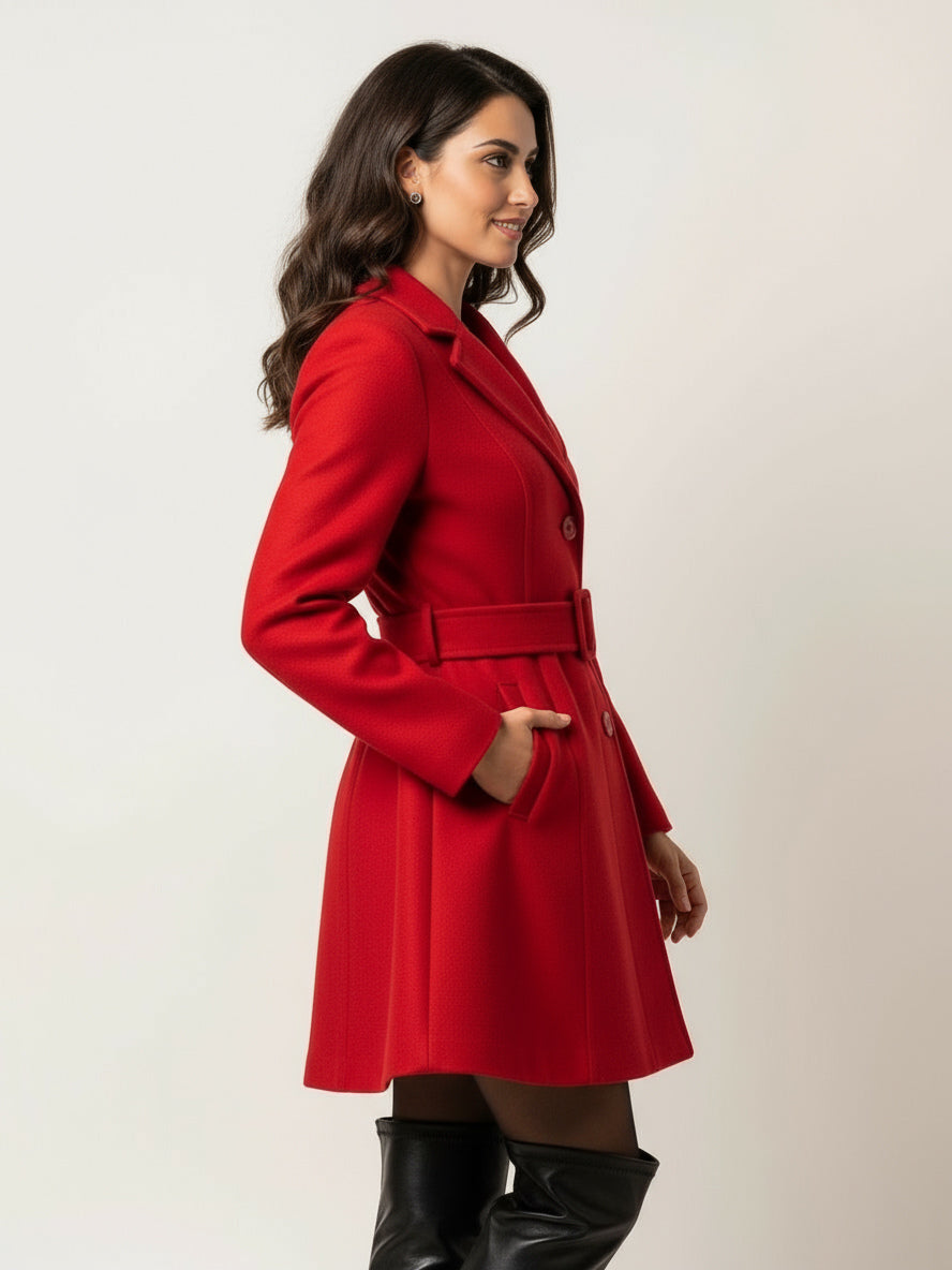 Red Wool-Blend Flare Coat With Belt For Women 2026