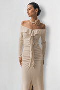 Off Shoulder Sweetheart Ruffle Flounce Long Sleeve Ruched Front Slit Midi Dress