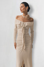 Off Shoulder Sweetheart Ruffle Flounce Long Sleeve Ruched Front Slit Midi Dress
