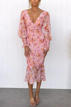 Deep V-Neck Smocked Floral Print Balloon Sleeve Ruffle Hem Mermaid Midi Dress