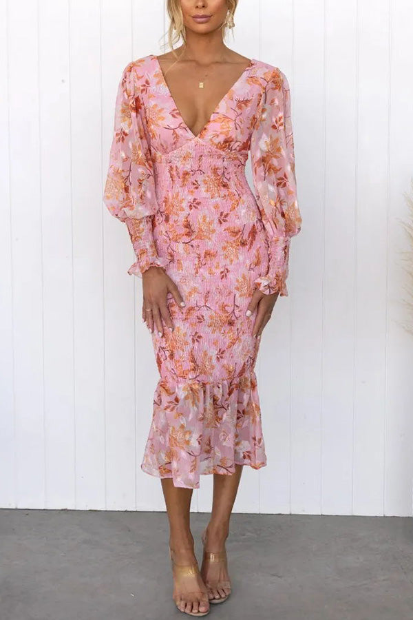 Deep V-Neck Smocked Floral Print Balloon Sleeve Ruffle Hem Mermaid Midi Dress