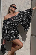 Polka Dot Off Shoulder Wide Sleeve Tie Waist Ruffle Hem Romper