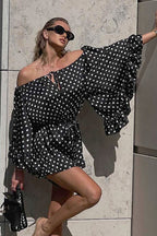 Polka Dot Off Shoulder Wide Sleeve Tie Waist Ruffle Hem Romper
