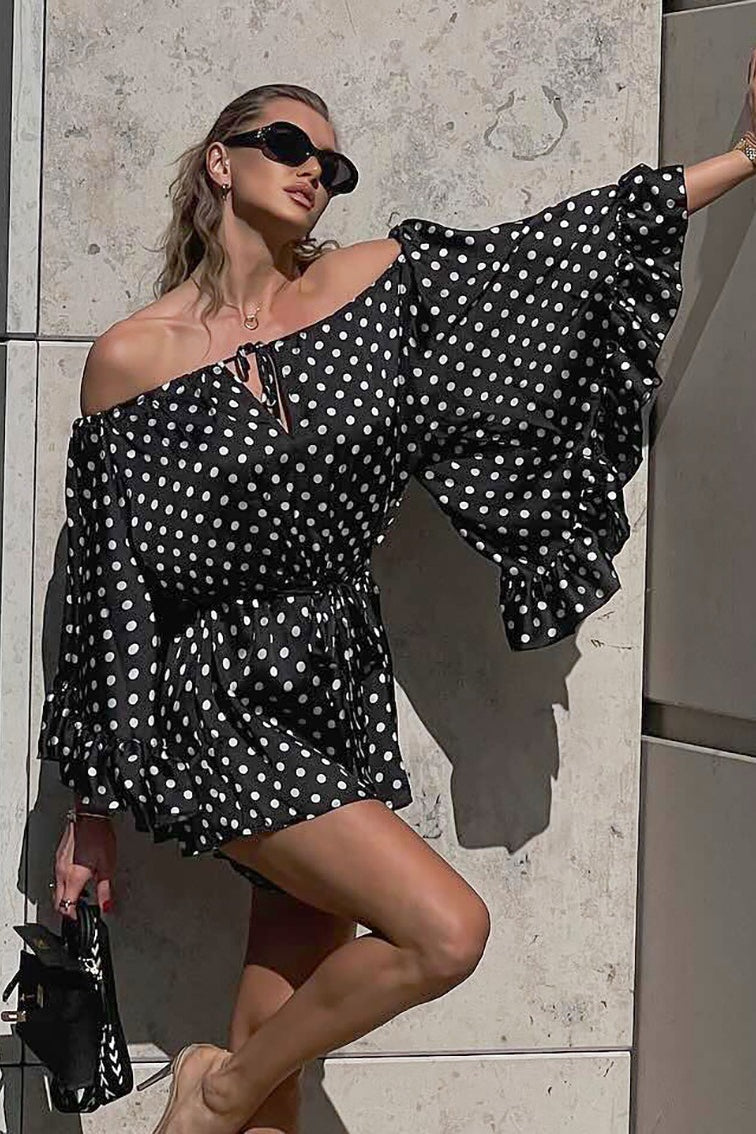 Polka Dot Off Shoulder Wide Sleeve Tie Waist Ruffle Hem Romper
