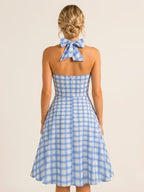 Chic Fitted Blue Plaid Gown With A Line Skirt Perfect For Summer Parties
