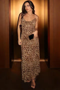 Leopard Print Cowl Neck Spaghetti Strap Column Maxi Dress