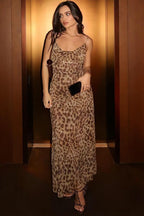 Leopard Print Cowl Neck Spaghetti Strap Column Maxi Dress