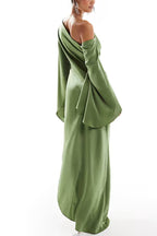 One Shoulder Bell Sleeve Asymmetric Slit Satin Maxi Gown