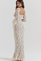 Square Sweetheart Tie Front Floral Lace Long Bell Sleeve Paneled Maxi Dress