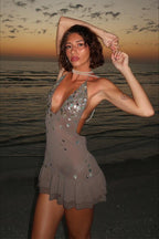 Grey Halter Neck Deep V Backless Sequin Disc Embellished Ruffle Hem Mini Dress