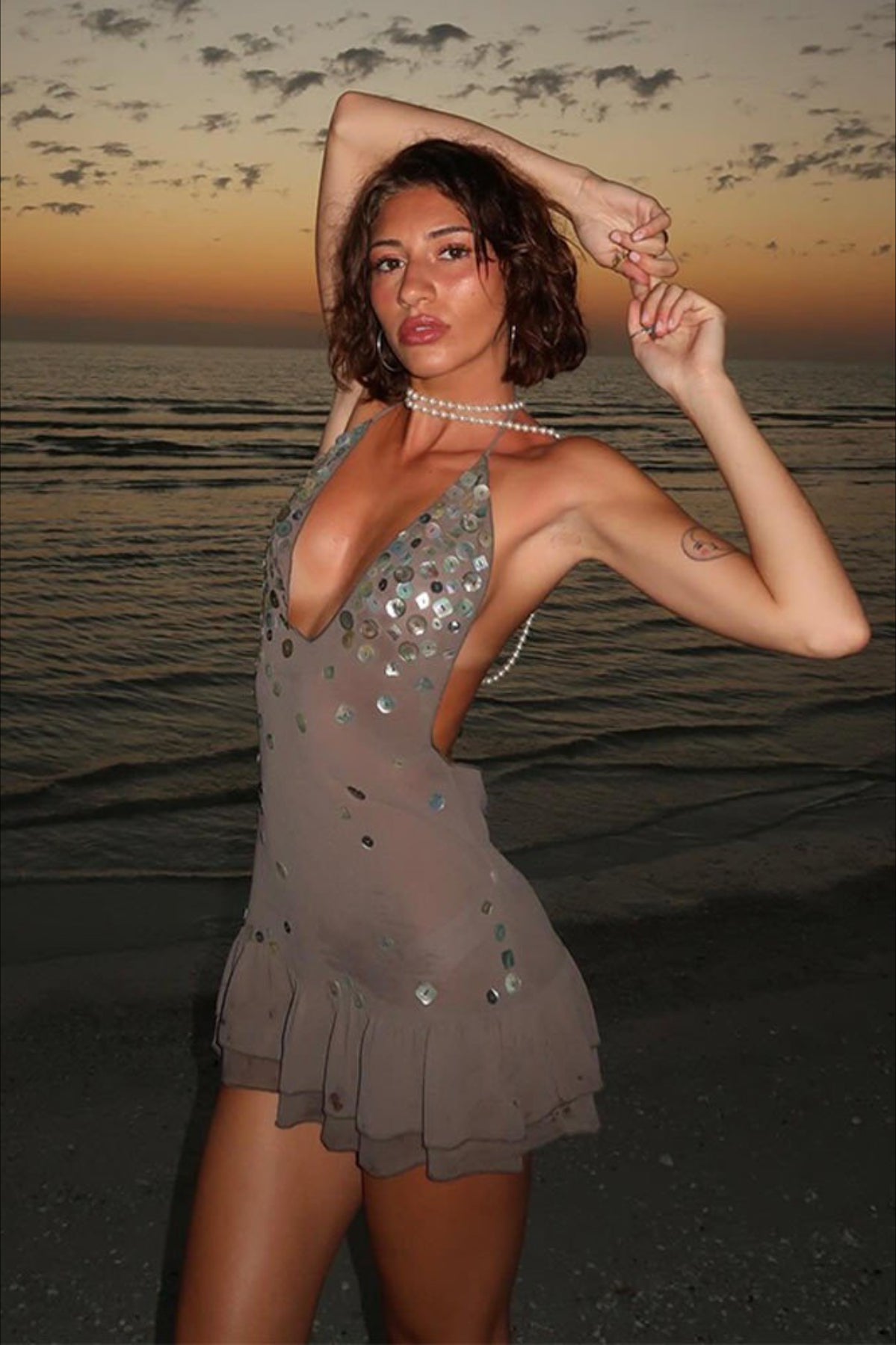 Grey Halter Neck Deep V Backless Sequin Disc Embellished Ruffle Hem Mini Dress