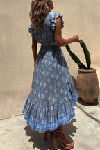 Boho Print Tie Front Crop Top Smocked High Low Two Piece Set