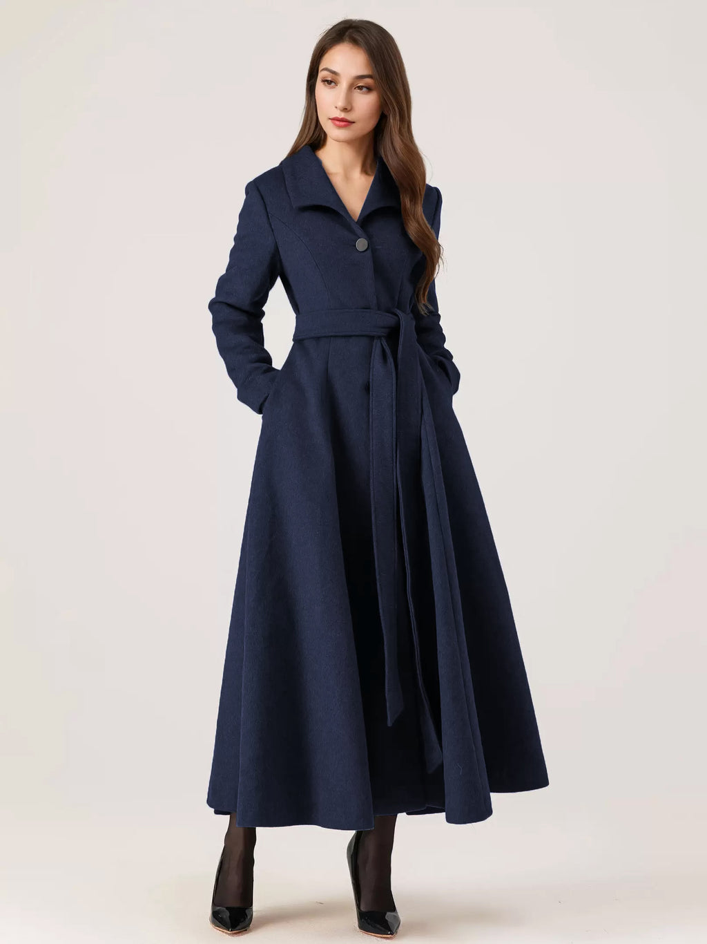 Long Woolen Flared Coat Gray Belted Winter Full Length Outerwear For Women 2026