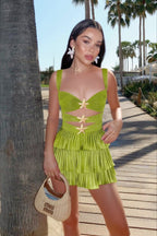 Metallic Pleated Sweetheart Cut Out Starfish Tier Ruffle Mini Dress