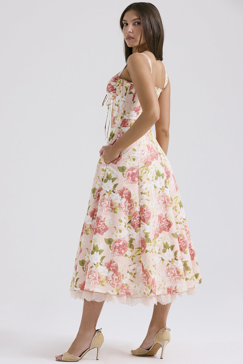 Wide Strap Lace Trim Corset Bodice Floral Print A-Line Midi Dress