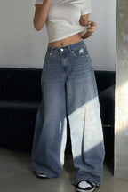 Long Wide Leg Washed Blue Ripped Relaxed Jeans
