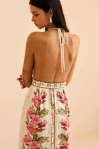 Floral Print Halter V-Neck Lace Trim Maxi Dress