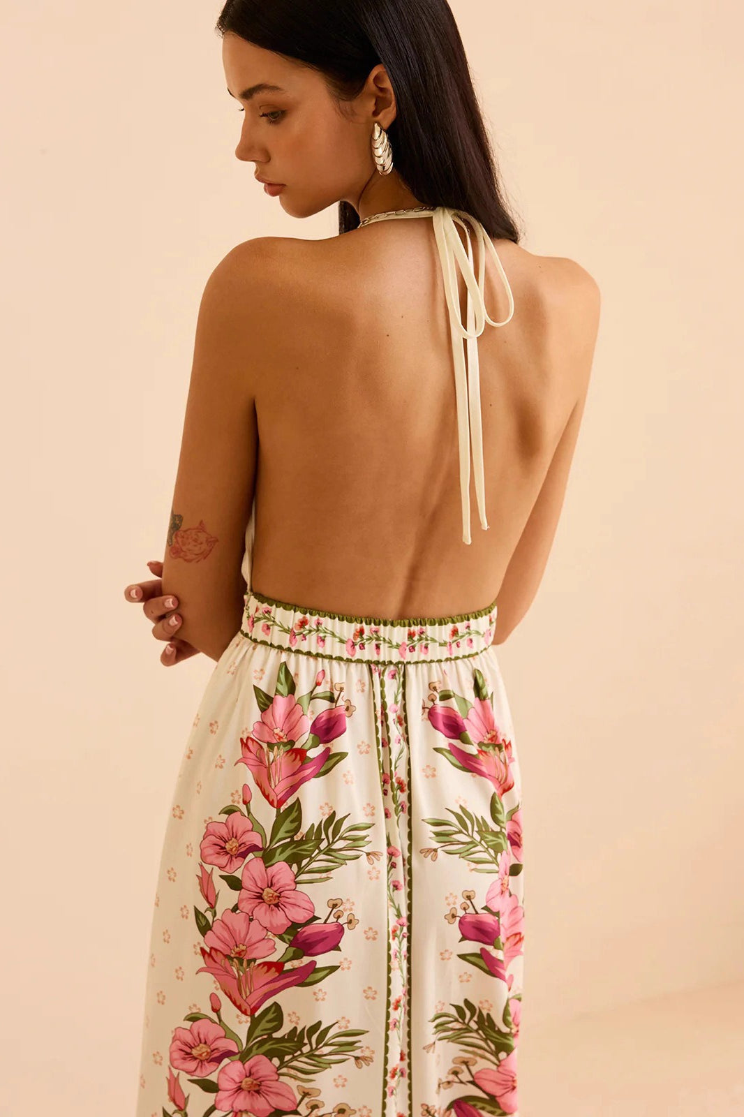 Floral Print Halter V-Neck Lace Trim Maxi Dress