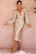 Satin Deep V-Neck Puff Sleeve Bust Cut Out Midi Dress