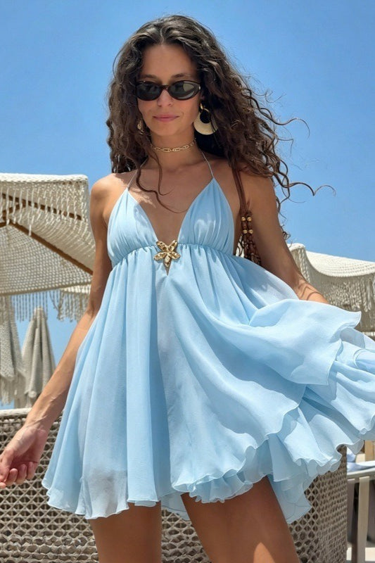 Halter Deep V Neck Starfish Charm Tiered Ruffle Mini Dress