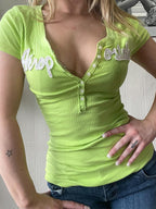 V Neck Letter Print Short Sleeve Knits