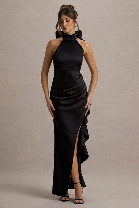 Satin Mock Neck Halter Bow Back Ruched High Split Maxi Gown