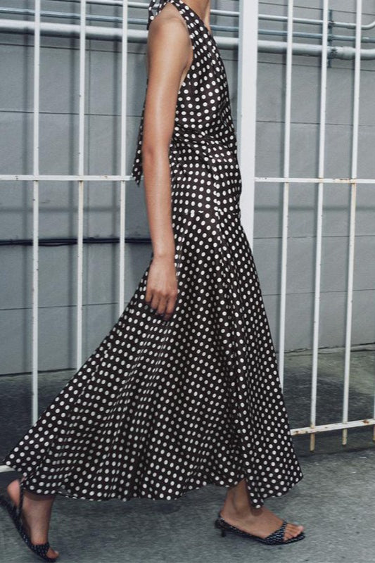 Polka Dot Halter Neck Deep V-Neck Maxi Dress