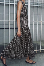 Polka Dot Halter Neck Deep V-Neck Maxi Dress