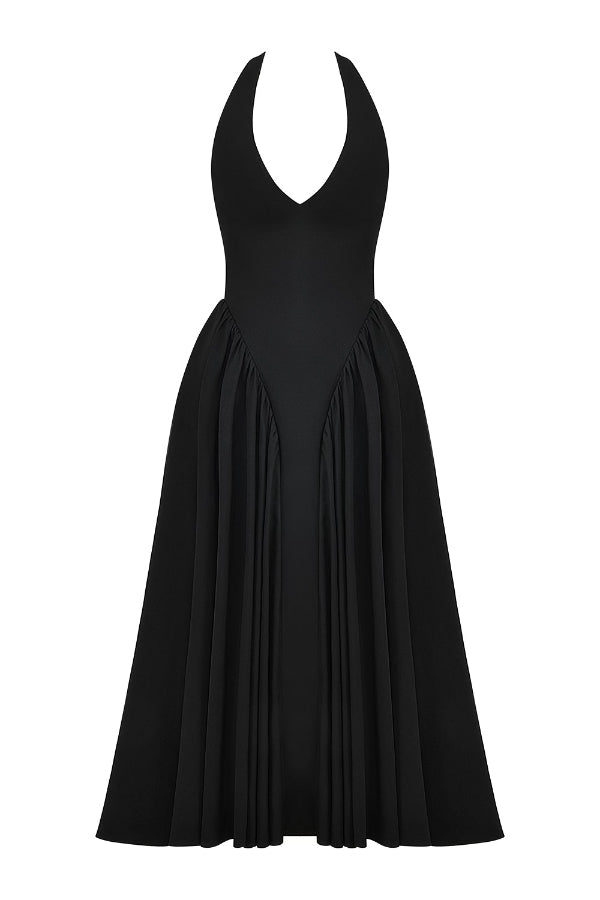 Lilly Timeless Solid a Line Halter Midi Dresses with Deep V Neck Boutique Dress Collection