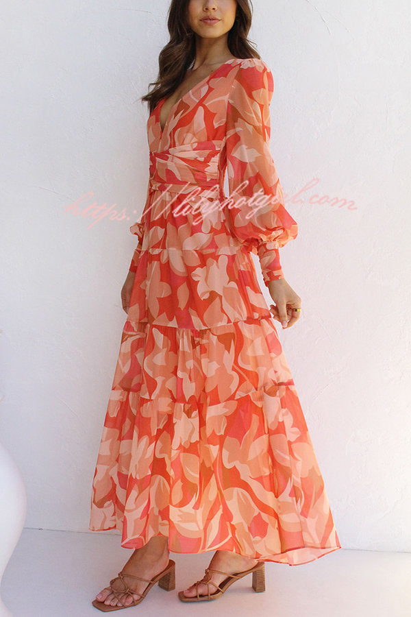Abstract Floral Print V-Neck Bishop Sleeve Wrap Waist Tiered Maxi Dress
