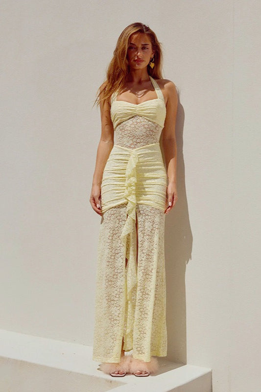 Lace Sweetheart Ruched High Slit Ruffle Trim Maxi Dress