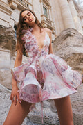 Deep V Neck Asymmetric Ruffle Tiered Oversized Floral Print Mini Dress