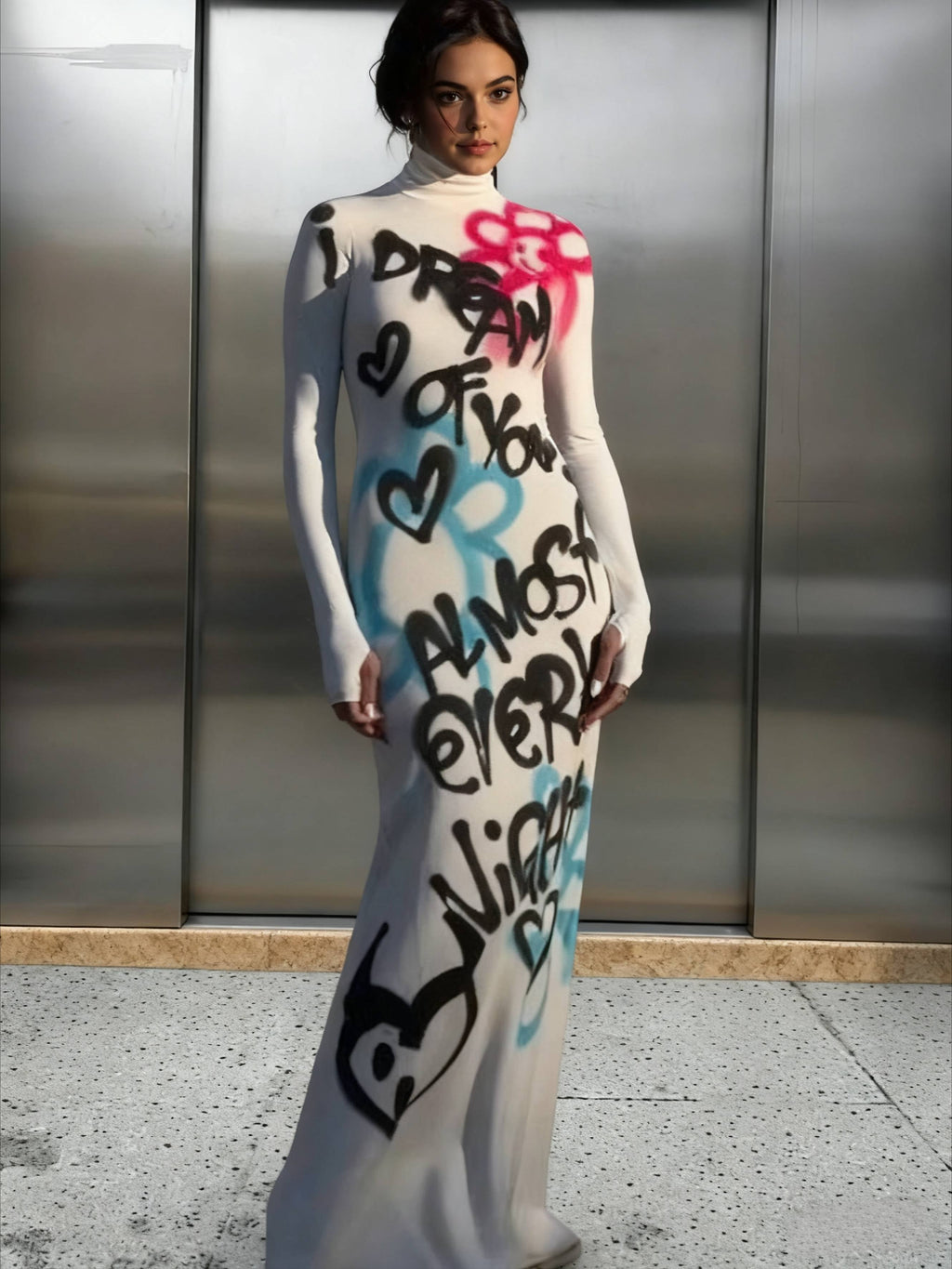 Graphic Print High Neck Long Sleeve Bodycon Maxi Dress
