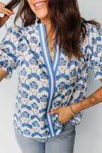 Floral V-Neck Flounced Short Sleeve Blouse
