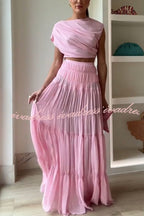 Stunning Chiffon Ruched Shoulder Short Sleeve Crop Top