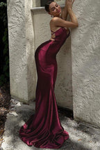Satin Spaghetti Strap Deep V-Neck Lace Up Back Mermaid Maxi Gown