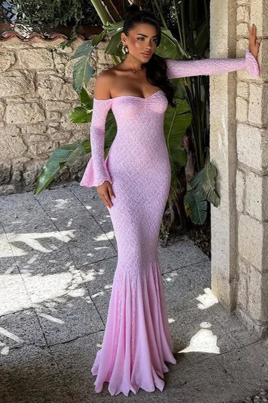 Sequin Off Shoulder Sweetheart Long Bell Sleeve Mermaid Formal Gown