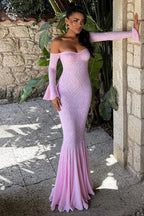 Sequin Off Shoulder Sweetheart Long Bell Sleeve Mermaid Formal Gown