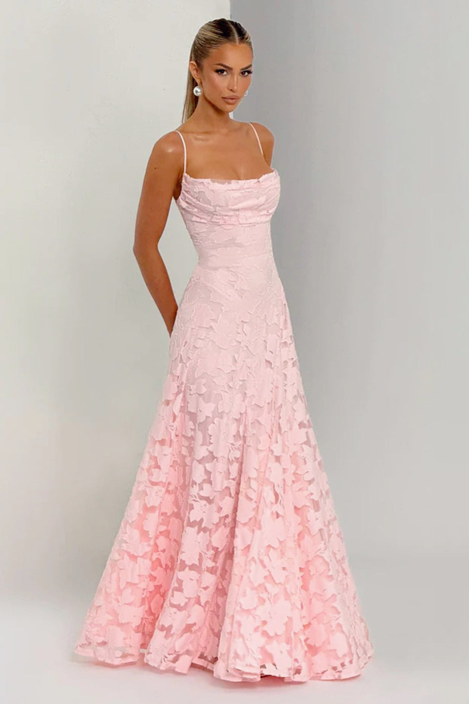 3D Floral Lace Applique Square Neck Spaghetti Strap A-Line Maxi Gown