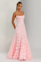 3D Floral Lace Applique Square Neck Spaghetti Strap A-Line Maxi Gown