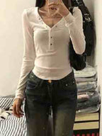 Solid V Neck Snap Button Slim Long Sleeve Knit