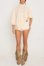 Stylish Openwork Lace Loose Top and Side Zipper Slim-fit Shorts Set