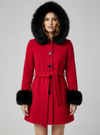 Belted Wool Blend Hooded Coat with black Faux fur cuffs For Women 2026