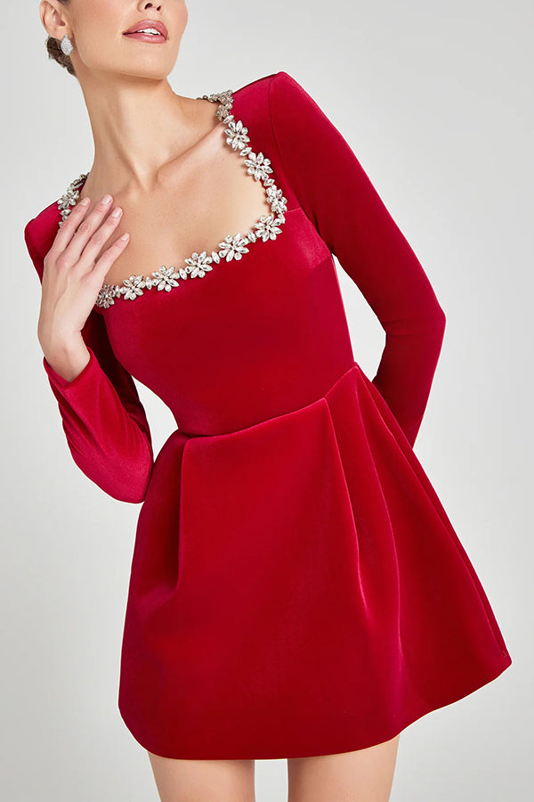 Velvet Square Neck Rhinestone Trim Long Sleeve Pocket A-Line Mini Dress