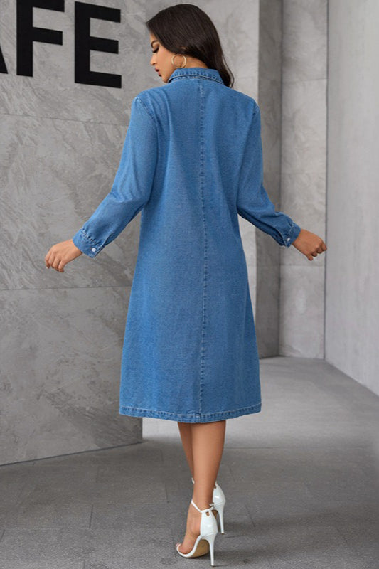 Denim Shirt Collar Long Sleeve Button Front Relaxed Midi Dress