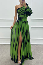 Geometric Stripe Print One Shoulder Lantern Sleeve Pleated High Split Maxi Gown